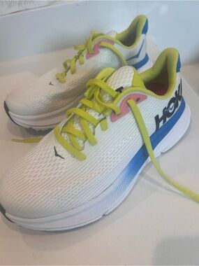 Hoka Kids White Sneakers with Blue and Yellow Accents